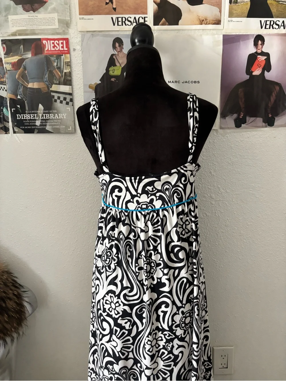 INC International Concepts Black & White Printed Maxi Dress with Teal Trim